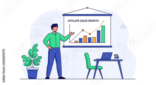 Man presenting affiliate sales growth chart in a modern office setting