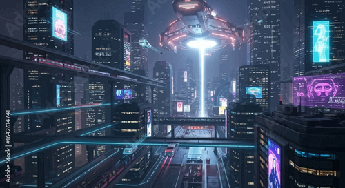 Futuristic Metropolis with Flying Vehicles and Towering Skyscrapers illuminated at Night