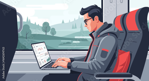 Productive commuter working on his laptop while traveling by train
