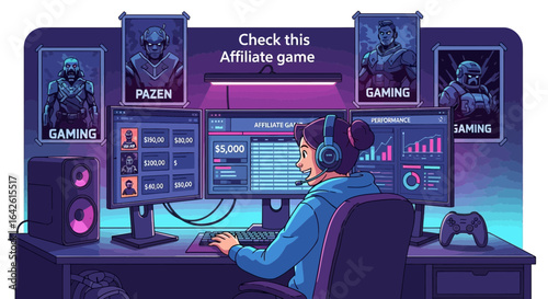 Energetic female streamer analyzing affiliate gaming income on multiple screens