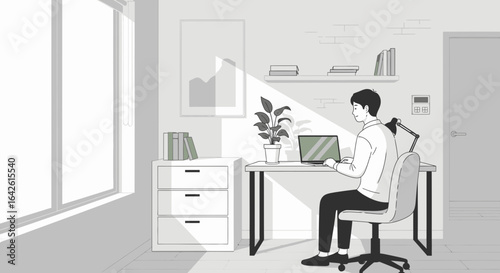 Monochromatic illustration of a man working on a laptop in a modern home office
