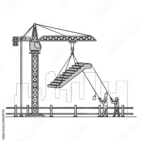 A detailed black and white illustration portrays a towering construction crane lifting a pre-fabricated staircase into place, guided by two workers on a building site.