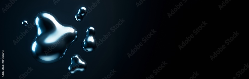 Fototapeta premium Abstract metallic liquid droplets with smooth reflective surface floating on dark gradient background with empty copyspace for creative banner design. Ai generative