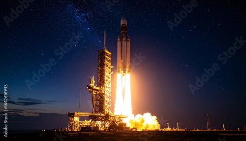 Fototapeta Naklejka Na Ścianę i Meble -  Powerful Rocket Launch Under Starry Night Sky