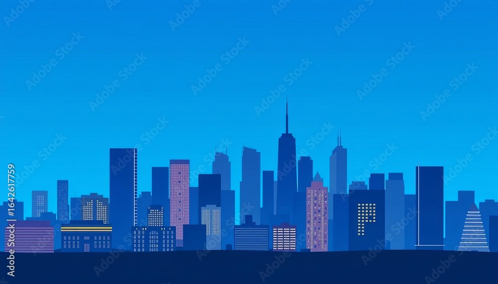 Obraz premium Seamless city skyline silhouette, modern flat design, layered buildings, simple blue background, design, backdrop