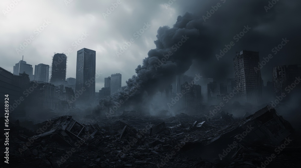 Fototapeta premium Devastated cityscape with enormous billowing smoke column against dark stormy sky, broken skyscraper silhouettes piercing through haze, scattered concrete debris and twisted metal in foreground,