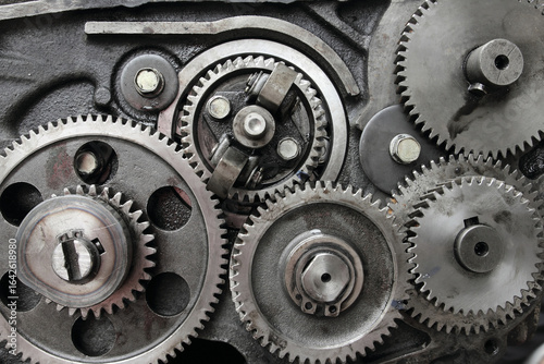 Close-up group of gears in the engine