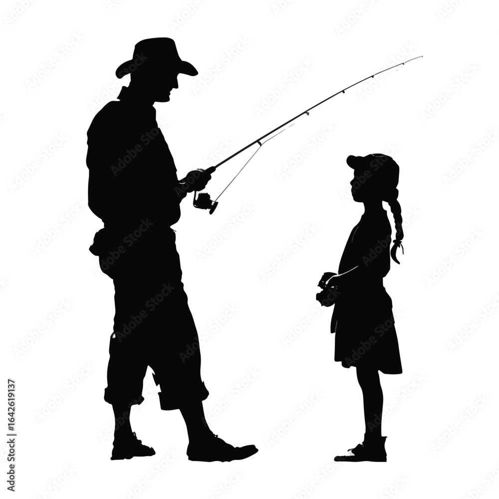 Obraz premium vector illustration of dad and daughter fishing silhouette set, Black & White silhouette set