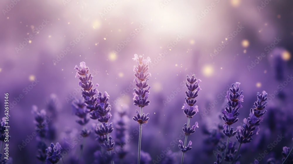 Naklejka premium dreamlike perspective of lavender field from ground level, macro lens with minimal focus creating abstract patterns, violet flowers melting into ambient purple fog, dancing golden particles of pollen