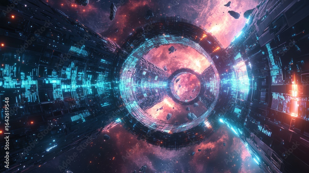 Obraz premium hyper advanced security barrier floating in stellar expanse crystalline matrix core projecting geometric force field patterns holographic interface elements displaying shield strength indicators