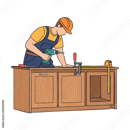 An illustration of a skilled carpenter drilling into a wooden cabinet, demonstrating furniture assembly and home improvement work.