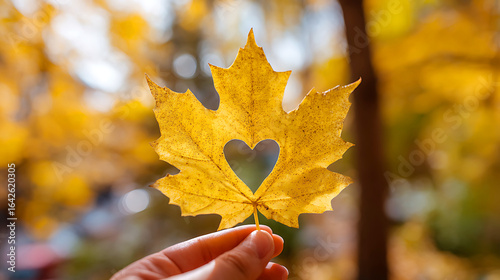 Hand holding a golden maple leaf with a heart shape cutout in autumn