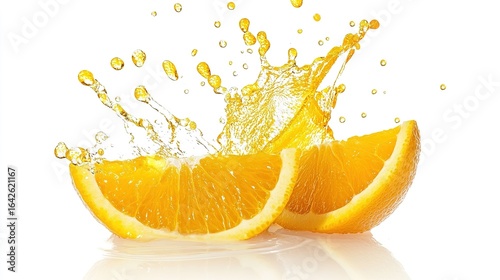 Orange fruit falling into a splash of orange juice, isolated on white background.