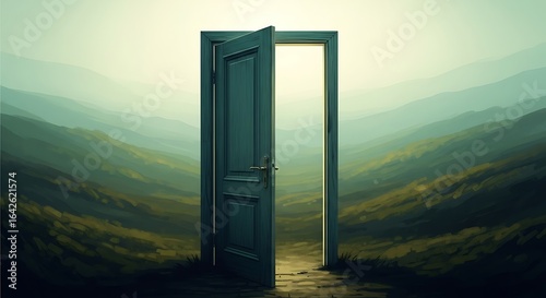 Open dark blue door reveals a bright misty mountain landscape