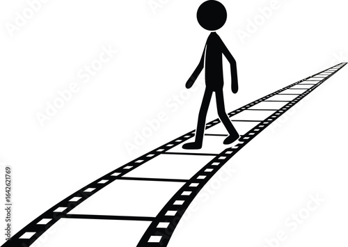 Stick figure walking on film strip movie concept illustration