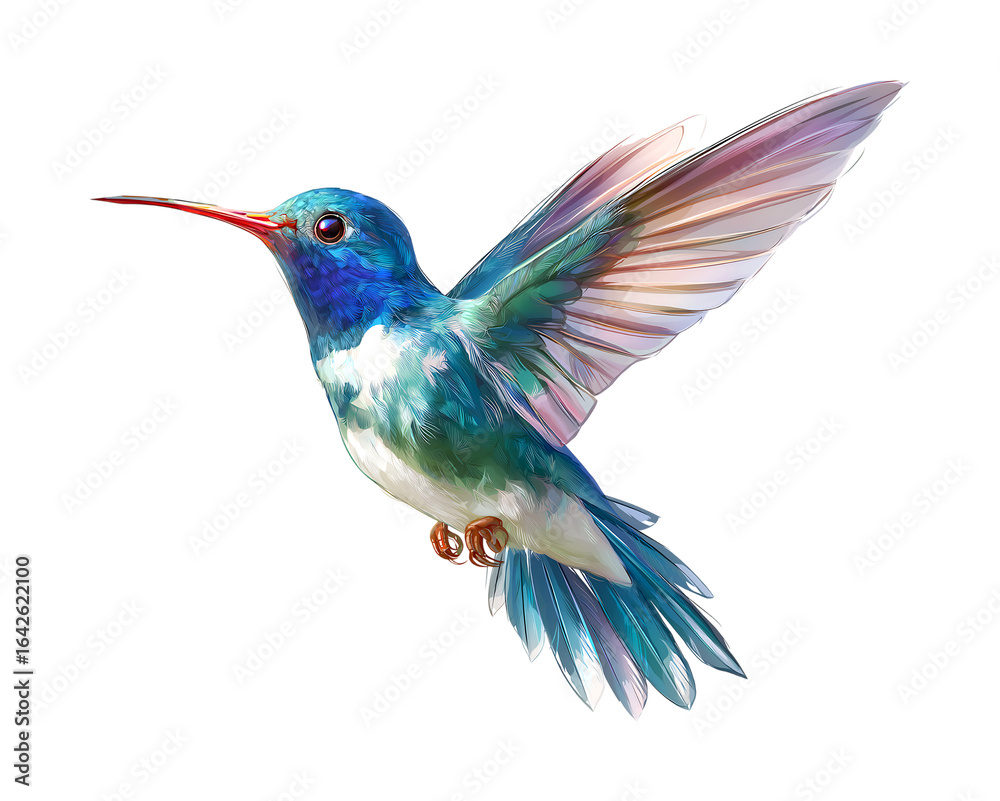 Fototapeta premium Flying hummingbird with colorful blue and green body isolated on a transparent background
