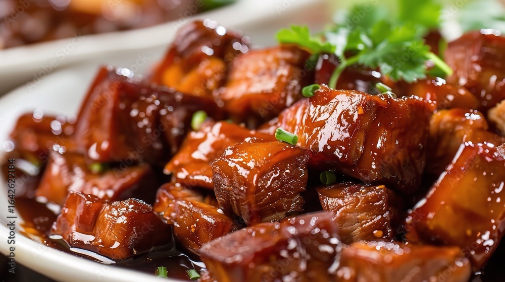 Tender braised pork in brown sauce, with glossy caramelized surface, served with steamed rice and green vegetables, seasoned with soy sauce, sugar, ginger, and star anise, presented in a ceramic bowl Tender braised pork in brown sauce, with glossy caramelized surface, served with steamed rice and green vegetables, seasoned with soy sauce, sugar, ginger, and star anise, presented in a ceramic bowl