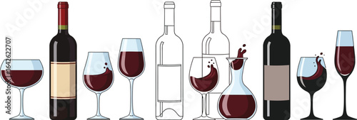 Red wine bottles and glasses vector illustration for design