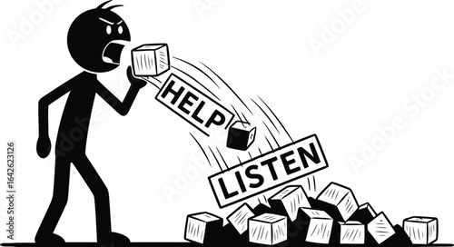 Stick figure shouting for help and listen communication issues