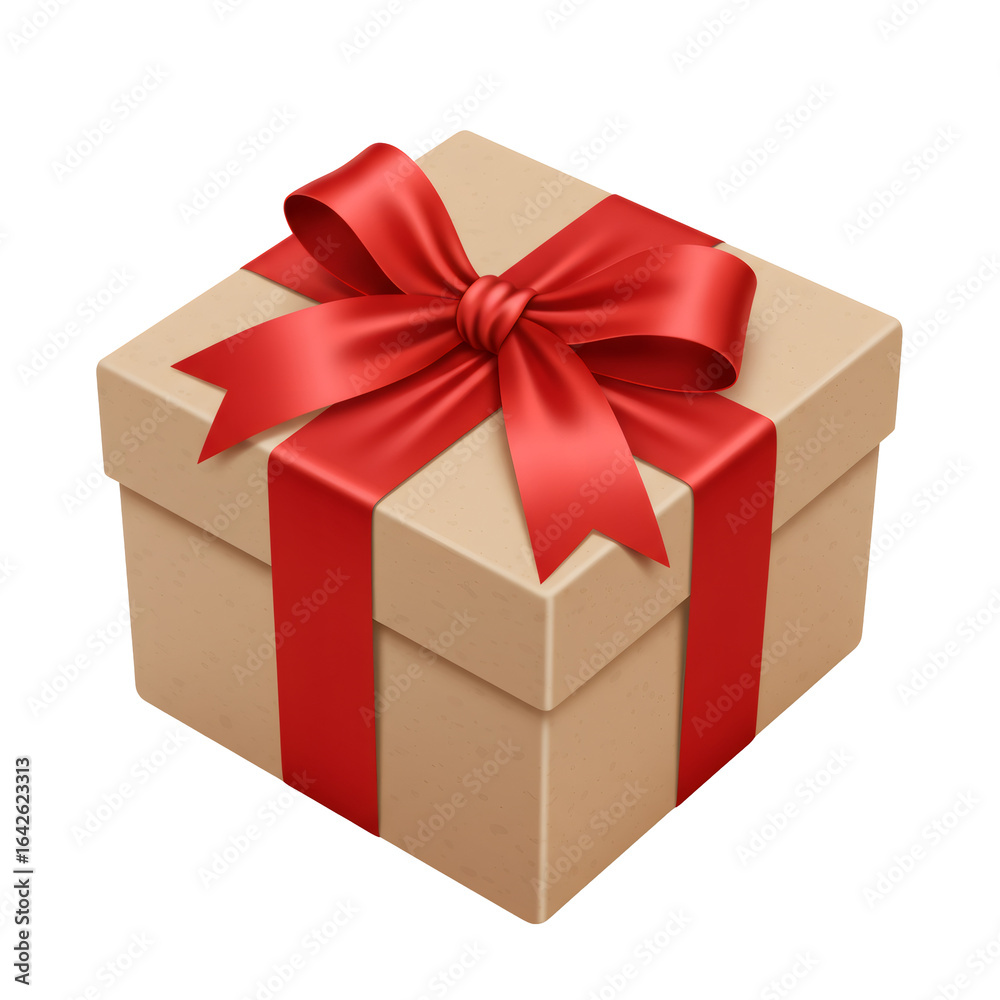 Fototapeta premium Tan Square Gift Box with Red Ribbon and Bow