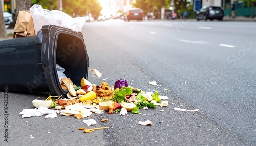 A weathered trash can sits on the roadside, partially obscured by overgrown grass, with colorful litter scattered around, hinting at urban neglect.