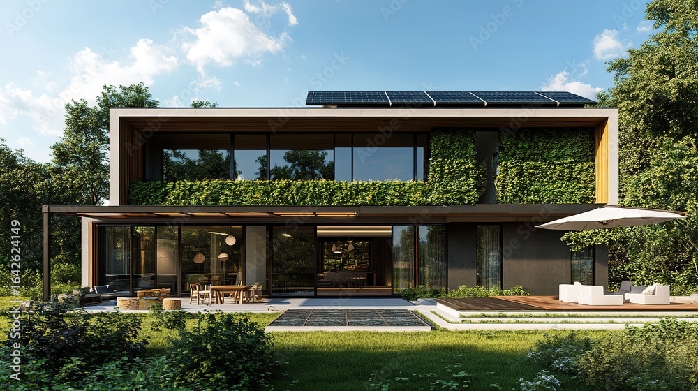 Obraz premium Modern eco-house with green walls, solar roof, and sustainable materials.