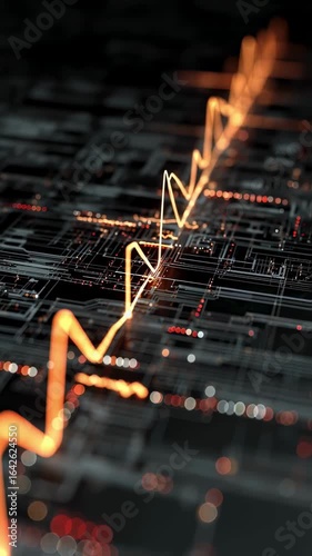 Abstract visualization of isolated bright pulses triggering on a black circuit board resembling a cardiac electrogram with benign arrhythmias.