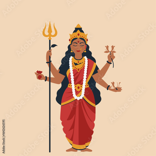 A serene flat design vector illustration of Devi Parvati, embodying her benevolent and powerful feminine energy