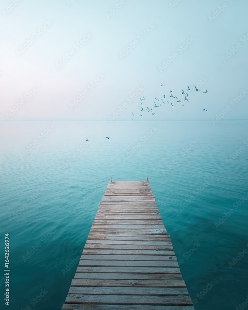 Obraz premium Premium Investor Mood Sunrise Dock Scene with Birds Over Calm Lake Modern Financial Inspiration for Professional Marketing and Social Media Campaigns