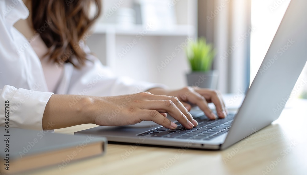 Fototapeta premium A focused woman with long brown hair sits at a wooden desk, typing intently on her sleek silver laptop, surrounded by colorful notebooks and a steaming coffee cup.