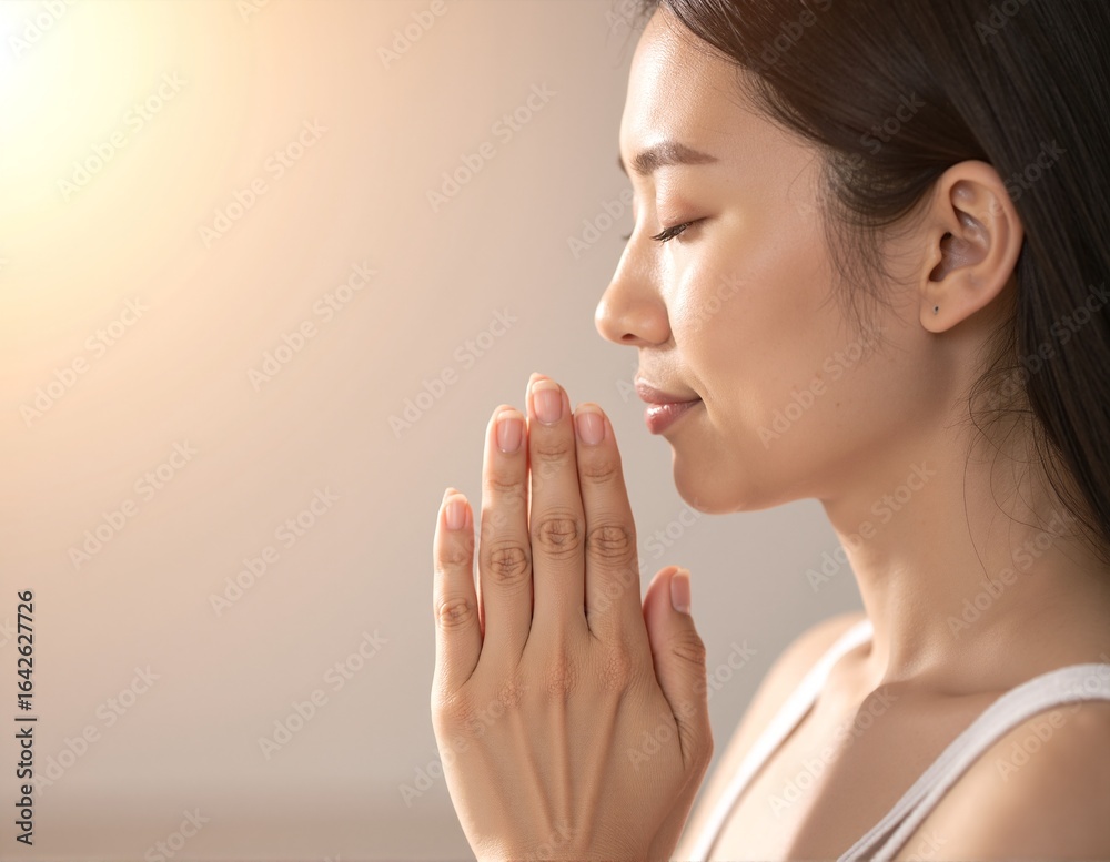 A serene woman with her hands clasped in prayer, eyes closed, surrounded by soft, warm light, embodying peace and devotion in a tranquil setting. A serene woman with her hands clasped in prayer, eyes closed, surrounded by soft, warm light, embodying peace and devotion in a tranquil setting.