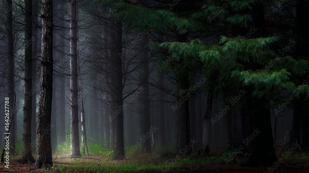 Fototapeta premium enigmatic,deep,woodland,misty,fog,atmospheric,trees,quiet,calm,shadow,forest,pine,serene,dark,green,dusk,mood,nature,mysterious