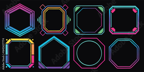 Colorful Gradient Frame Vector Set on a Black Background. A modern and futuristic border collection for a gaming stream overlay. Tech design for a HUD, UI, or live stream panel.