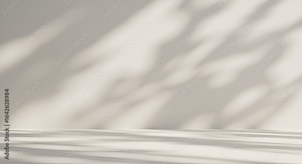 Obraz premium Minimalist studio backdrop with sunlight casting abstract leaf shadows on the wall
