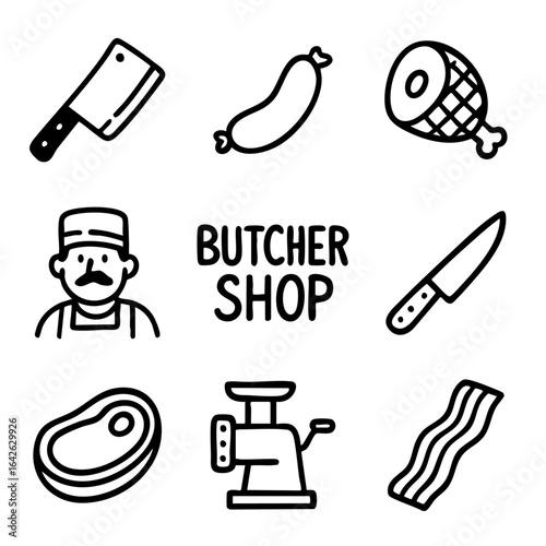 A set of doodle line icons depicting butcher tools, meat products, and food preparation items for culinary, kitchen, and restaurant themes