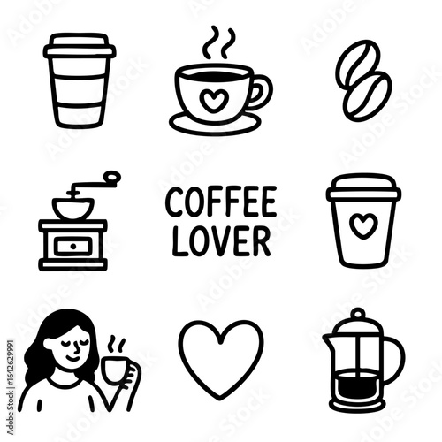 A set of doodle line icons featuring coffee lover, beans, grinder, French press, and barista elements for café and beverage themes