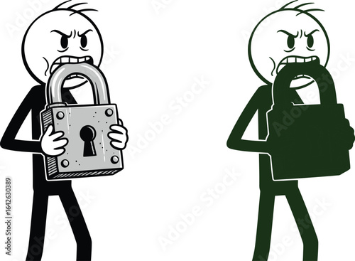 Cartoon character biting padlock security concept illustration