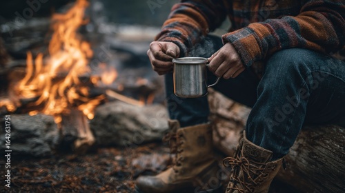 Person drinks by campfire
