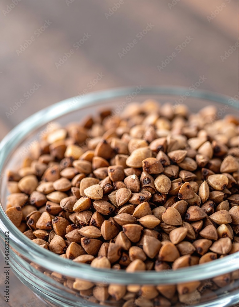 Fototapeta premium A clear glass bowl filled with golden-brown roasted almonds, showcasing their crunchy texture and glossy sheen, set against a soft, neutral background.