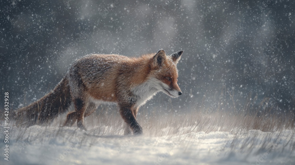 Obraz premium Red fox walking in snowy forest