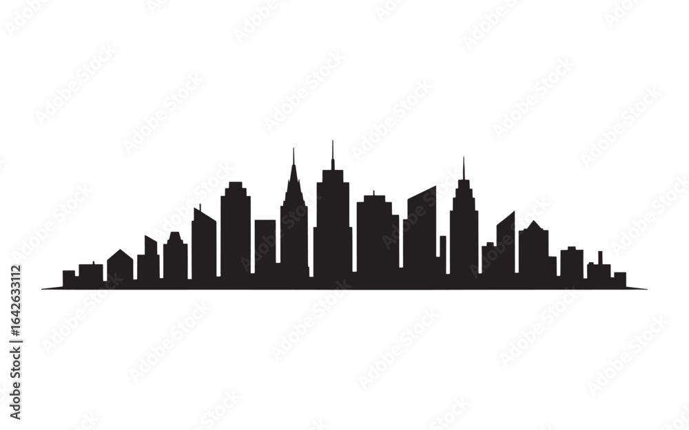 Naklejka premium Urban Metropolis Silhouette A Striking Cityscape Depiction Against White Backdrop Showcasing Architectural Diversity and Skyline Harmony in Minimalist Design