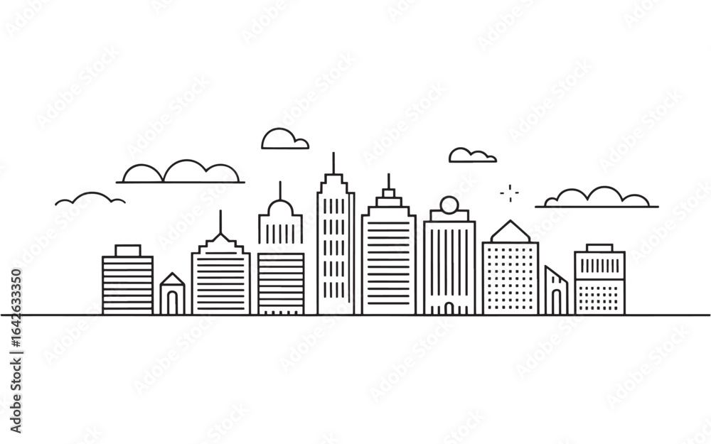 Obraz premium Minimalist Skyline Illustration with Clouds A Serene Black and White Depiction of Urban Architecture and Atmospheric Elements in Simple Linear Style