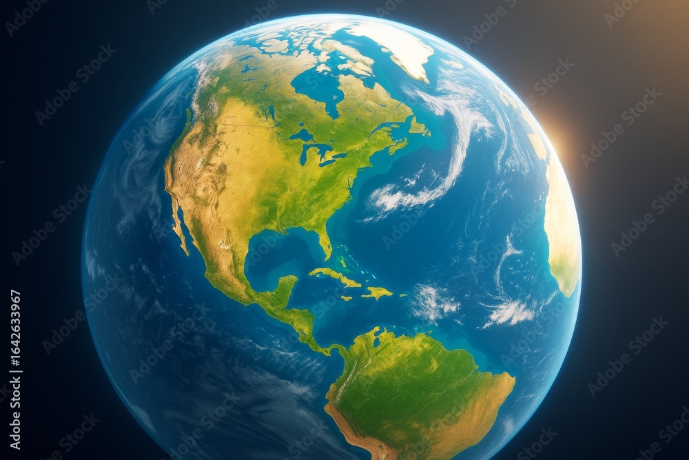 Naklejka premium Earth from space showing North and South America with sunlight on horizon, dark background, realistic light and science concept. Ai generative.