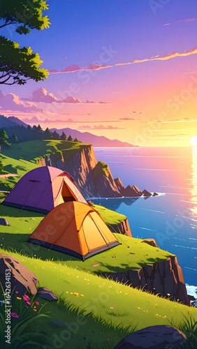 Vibrant scenic landscape with colorful tents on lush green cliffs overlooking the serene ocean du sunset illustrating outdoor camping adventure and nature escape