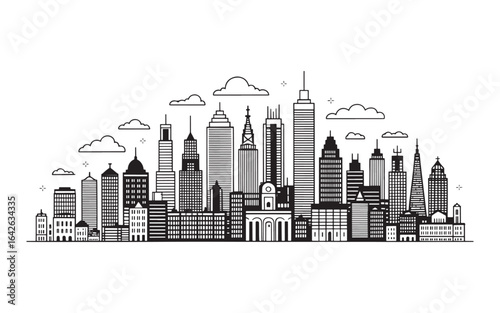 Cityscape Illustration with Skyscrapers and Clouds A Black and White Linear Skyline Depicting Modern Urban Architecture
