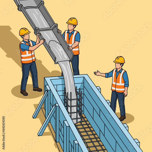 Construction workers in hard hats and safety vests pour concrete into a formwork with rebar reinforcement for a building foundation.