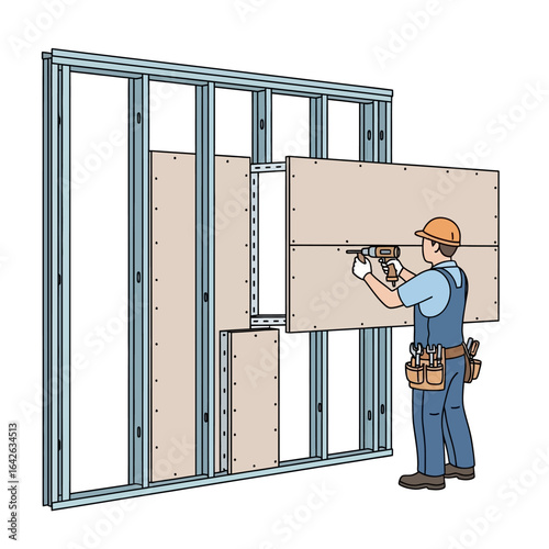 A construction worker wearing a hard hat and overalls is diligently installing gypsum board onto a metal stud frame during building renovation.