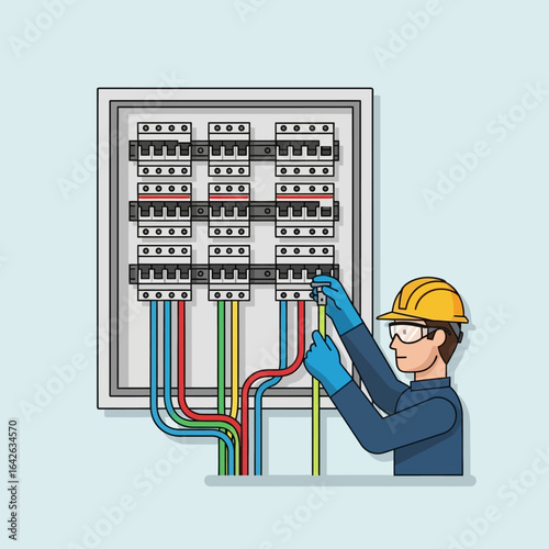 A male electrician wearing a safety helmet and gloves carefully connects electrical wires to a breaker box, ensuring a safe and efficient power distribution system.