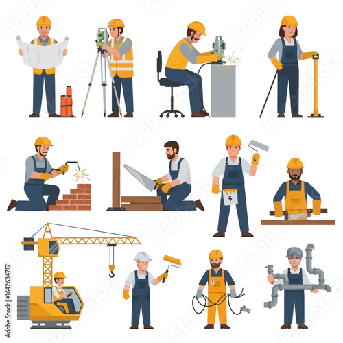 A diverse team of construction workers in hard hats are shown performing various tasks, including using power tools, blueprints, and heavy machinery, showcasing their expertise in building and