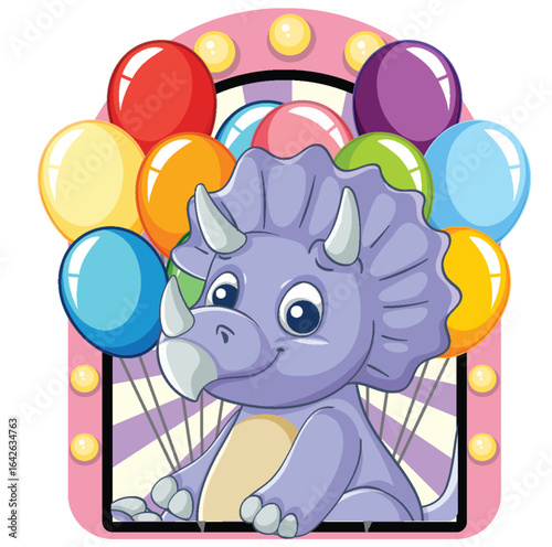 Cute Triceratops with Colorful Balloons Illustration